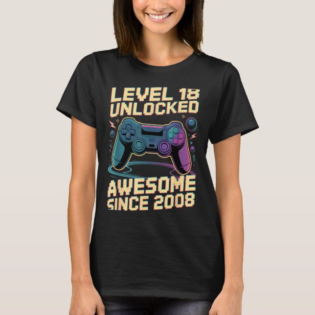 18th Birthday Boy Gift Level 18 Gamer 2008 18 Year T-Shirt (Front)