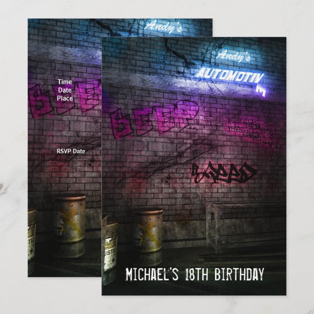 18th Birthday Boys Mens Urban Street Art Grunge Invitation (Front/Back)