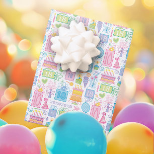 18th Birthday Bright Pastel Cake Presents Balloons Wrapping Paper Sheet