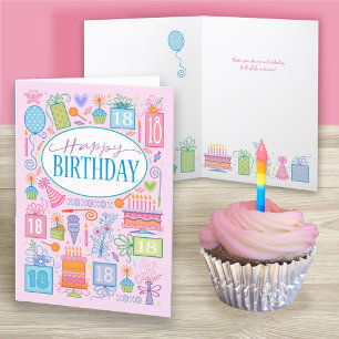 18th Birthday Bright Pastel Icons On Pink Card