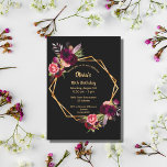 18th birthday burgundy floral gold geometric black invitation<br><div class="desc">On front: An invitation for a 18th birthday party. A chic black background with a faux gold geometric frame. Decorated with dark burgundy and pink flowers, roses and boho style feathers. Templates for a name and party details. The name is written with a hand lettered style script, golden coloured letters....</div>