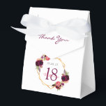 18th Birthday burgundy geometric floral white Favour Box<br><div class="desc">Elegant and glamourous for a 18th birthday party. On front flap: burgundy letters and the text: Thank You. Front and back: A chic white background with a faux gold geometric frame. Decorated with dark purple and burgundy flowers, roses and boho style feathers. The name is written with pink hand lettered...</div>