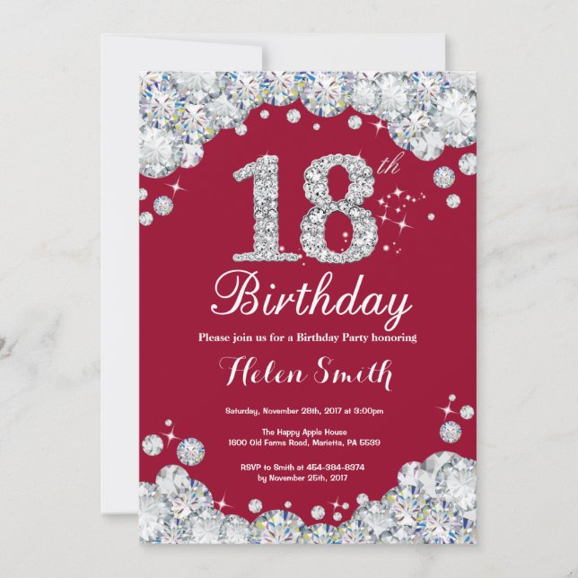 18th Birthday Burgundy Red and Silver Diamond Invitation (Front)