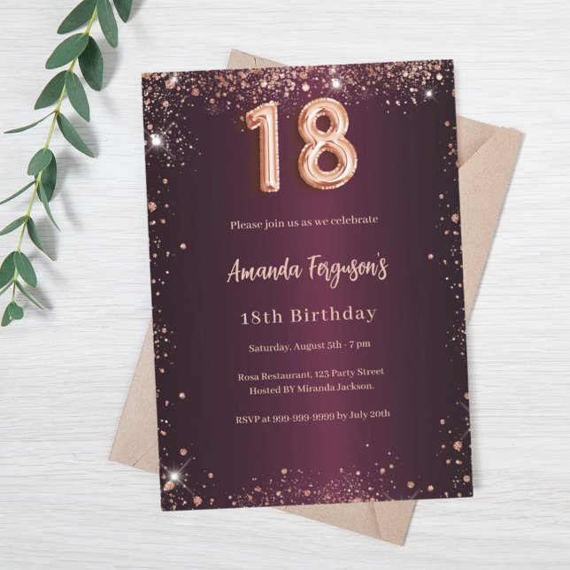 18th birthday burgundy rose gold invitation (Creator Uploaded)