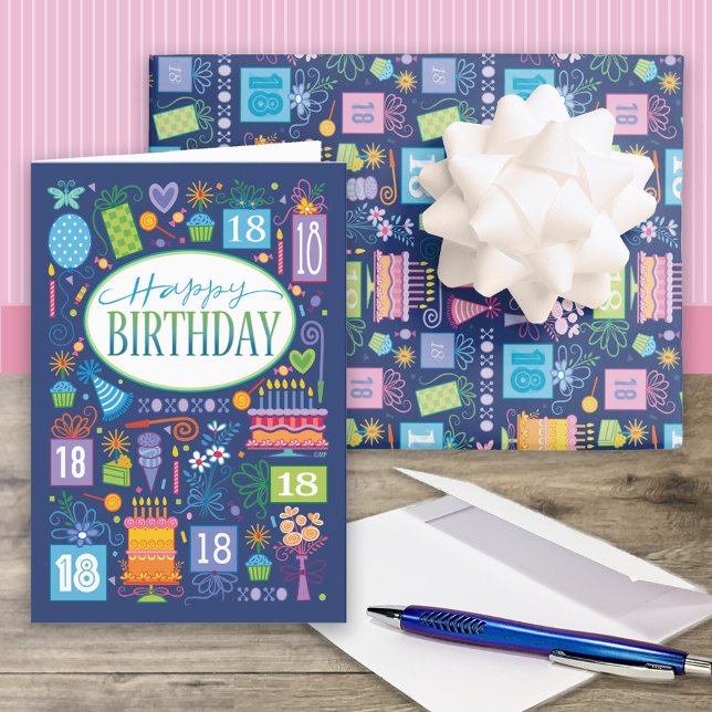 18th Birthday Cake Presents Balloons Blue Wrapping Paper Sheet (Creator Uploaded)