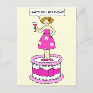 18th Birthday Cartoon Lady on Giant Cake Postcard