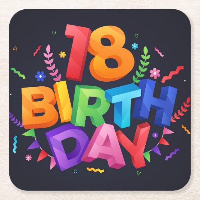 18th Birthday Celebration Square Paper Coaster (Front)