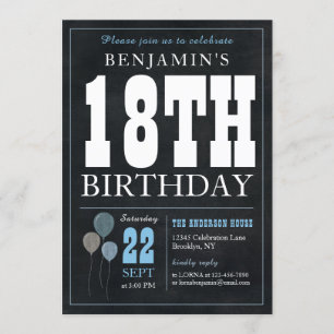 18th Birthday Chalkboard Blue Balloon Rustic Chic Invitation