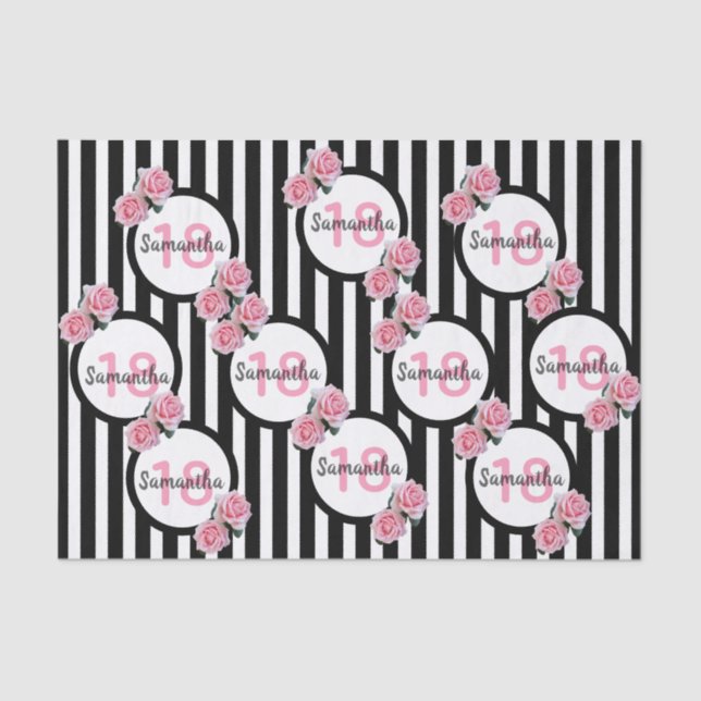 18th birthday chic pink roses black white stripes tissue paper (Front)