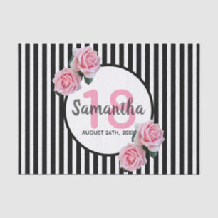 18th birthday chic pink roses black white stripes tissue paper