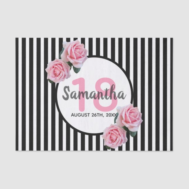 18th birthday chic pink roses black white stripes tissue paper (Front)