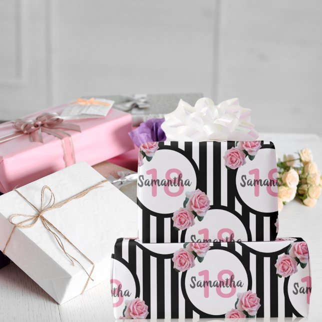 18th birthday chic pink roses black white stripes wrapping paper (Creator Uploaded)