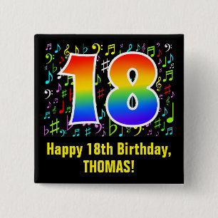 18th Birthday: Colorful Music Symbols, Rainbow 18 15 Cm Square Badge