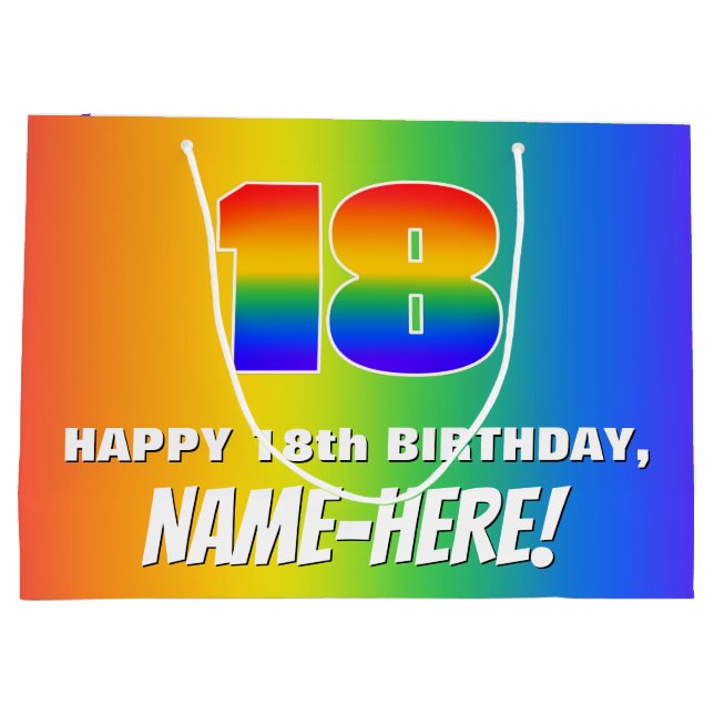 18th Birthday: Colourful, Fun Rainbow Pattern # 18 Large Gift Bag (Back)