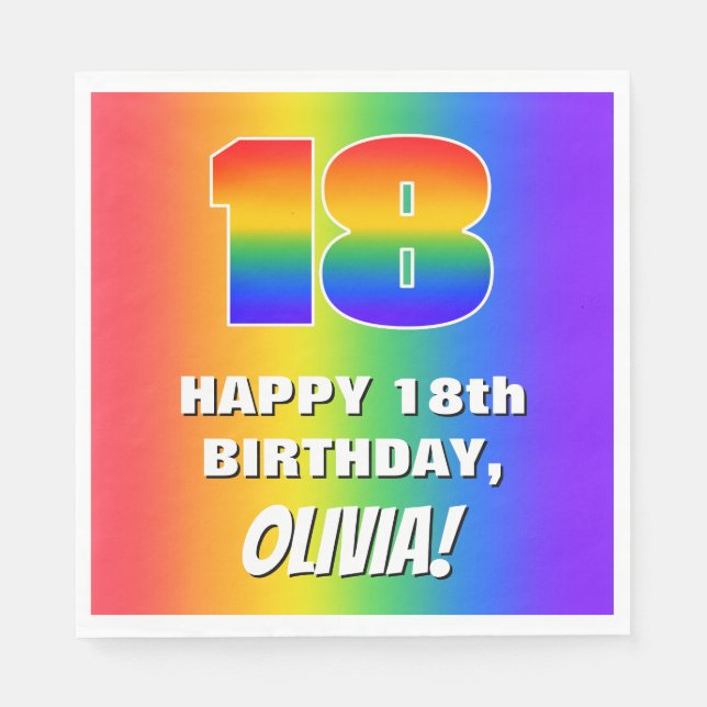 18th Birthday: Colourful, Fun Rainbow Pattern # 18 Napkin (Front)