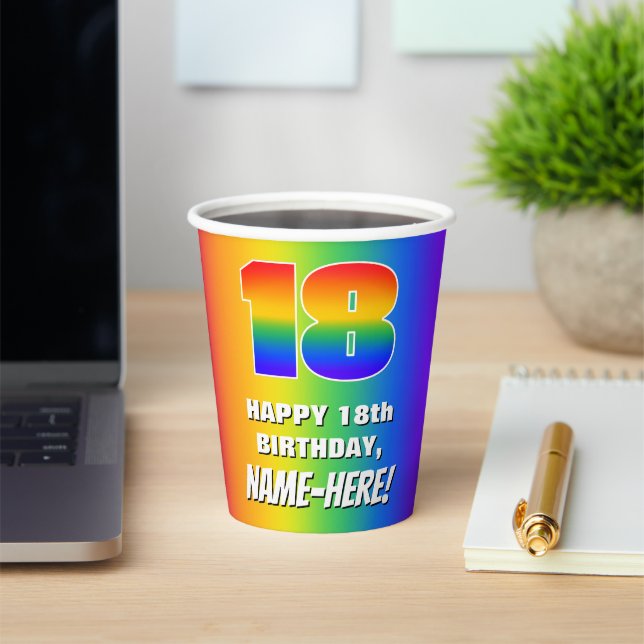 18th Birthday: Colourful, Fun Rainbow Pattern # 18 Paper Cups (Insitu)