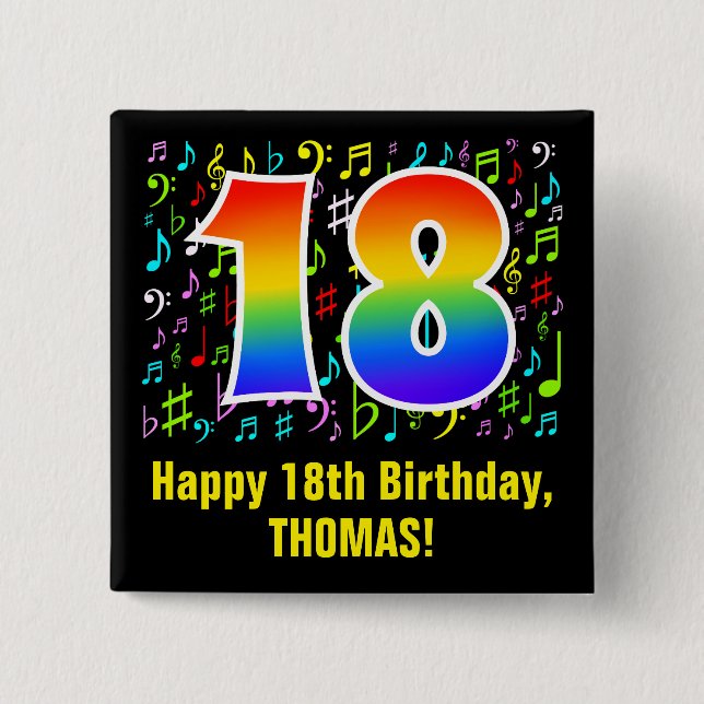 18th Birthday: Colourful Music Symbols, Rainbow 18 15 Cm Square Badge (Front)