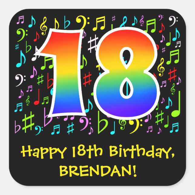 18th Birthday: Colourful Music Symbols, Rainbow 18 Square Sticker (Front)
