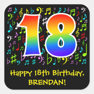 18th Birthday: Colourful Music Symbols, Rainbow 18 Square Sticker