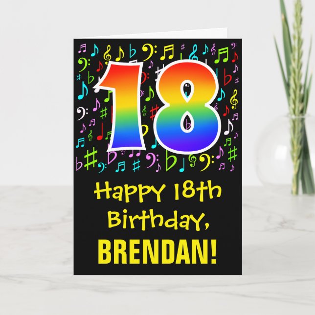 18th Birthday: Colourful Music Symbols + Rainbow 1 Card (Front)