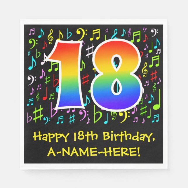 18th Birthday - Colourful Music Symbols, Rainbow 1 Napkin (Front)