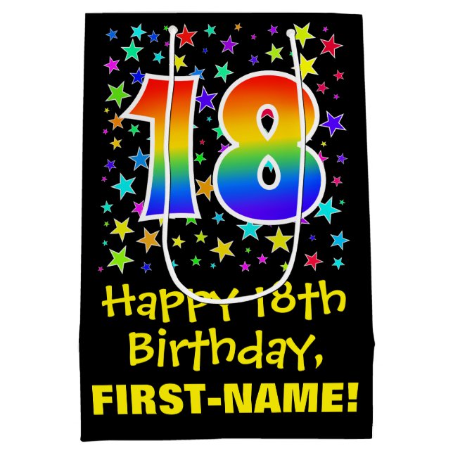18th Birthday: Colourful Stars Pattern & Rainbow 1 Medium Gift Bag (Back)