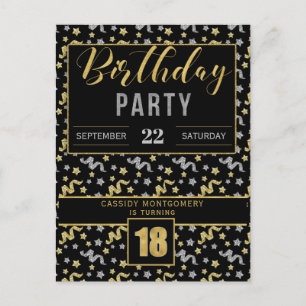 18th Birthday Confetti in Black and Gold Invitation Postcard