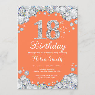 18th Birthday Coral and Silver Diamond Invitation