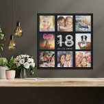 18th birthday custom photo collage black monogram faux canvas print<br><div class="desc">A unique 18th birthday gift or keepsake, celebrating her life with a collage of 8 of your photos. Add images of her family, friends, pets, hobbies or dream travel destination. Personalise and add a name, age 18 and a date. White and grey coloured letters. A chic black background. This canvas...</div>