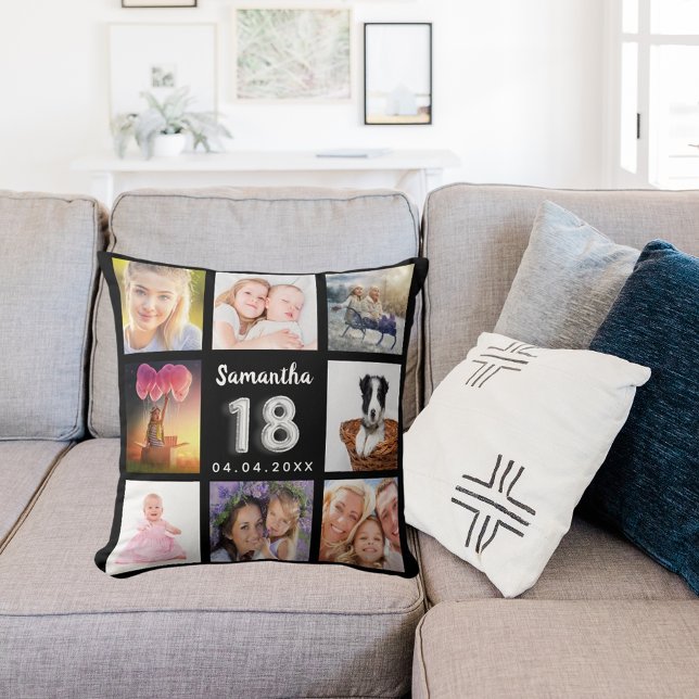 18th birthday custom photo collage black silver cushion (Creator Uploaded)