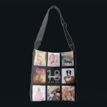 18th birthday custom photo collage girl black crossbody bag<br><div class="desc">A unique gift for a girl's 18th birthday, celebrating her life with a collage of 8 of your own photos, pictures. Personalise and add her name, age 18 and a date. A chic black background. Grey and white letters and numbers. The name is written with a modern hand lettered style...</div>