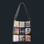 18th birthday custom photo collage girl black crossbody bag<br><div class="desc">A unique gift for a girl's 18th birthday, celebrating her life with a collage of 8 of your own photos, pictures. Personalise and add her name, age 18 and a date. A chic black background. Grey and white letters and numbers. The name is written with a modern hand lettered style...</div>