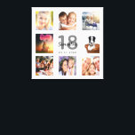 18th birthday custom photo collage white monogram canvas print<br><div class="desc">A unique 18th birthday gift or keepsake, celebrating her life with a collage of 8 of your photos. Add images of her family, friends, pets, hobbies or dream travel destination. Personalise and add a name, age 18 and a date. Grey and black coloured letters. A chic white background. This canvas...</div>