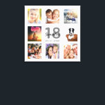 18th birthday custom photo collage white monogram canvas print<br><div class="desc">A unique 18th birthday gift or keepsake, celebrating her life with a collage of 8 of your photos. Add images of her family, friends, pets, hobbies or dream travel destination. Personalise and add a name, age 18 and a date. Grey and black coloured letters. A chic white background. This canvas...</div>