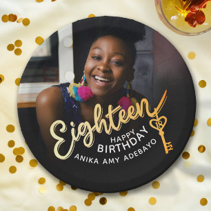 18th Birthday custom photo gold black Paper Plate
