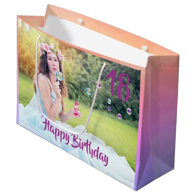 18th birthday custom photo large gift bag purple (Front Angled)