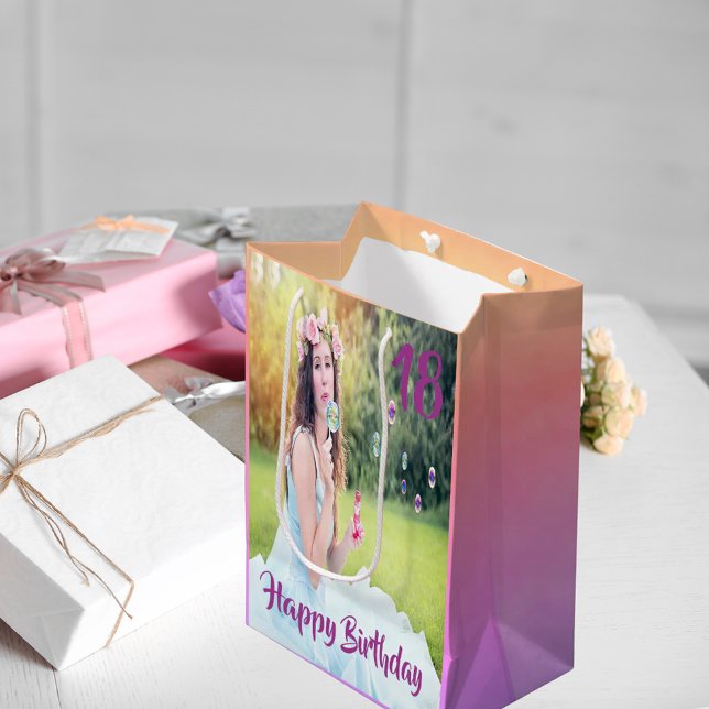 18th birthday custom photo purple medium gift bag (Creator Uploaded)