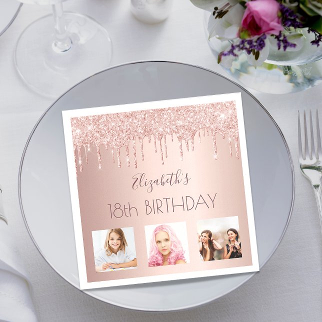 18th birthday custom photo rose gold pink drips napkin (Creator Uploaded)
