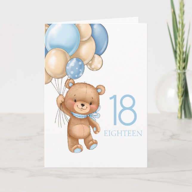 18th birthday cute blue balloons boy teddy card (Front)