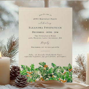 18th Birthday December Birth Month Flower Holly Invitation