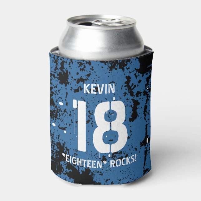 18th Birthday Eighteen Rocks BLUE Grunge F18Z Can Cooler (Can Front)