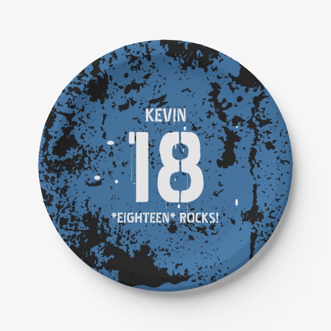 18th Birthday Eighteen Rocks BLUE Grunge F18Z Paper Plate (Front)