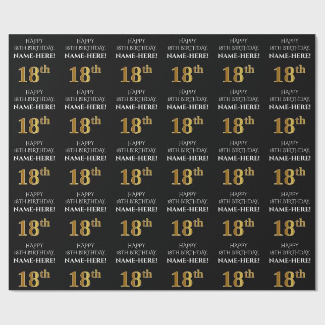 18th Birthday: Elegant, Black, Faux Gold Look Wrapping Paper (Flat)
