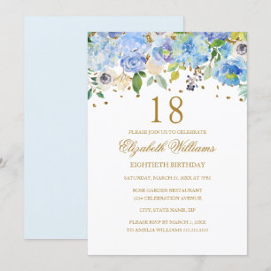 18th Birthday Elegant Blue Gold Floral Invitation