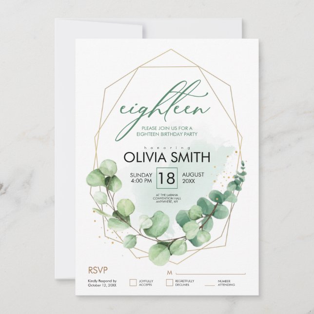 18th Birthday Eucalyptus Elegant Modern Green Invitation (Front)