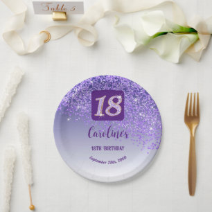 18th Birthday Falling Purple Glitter Paper Plates