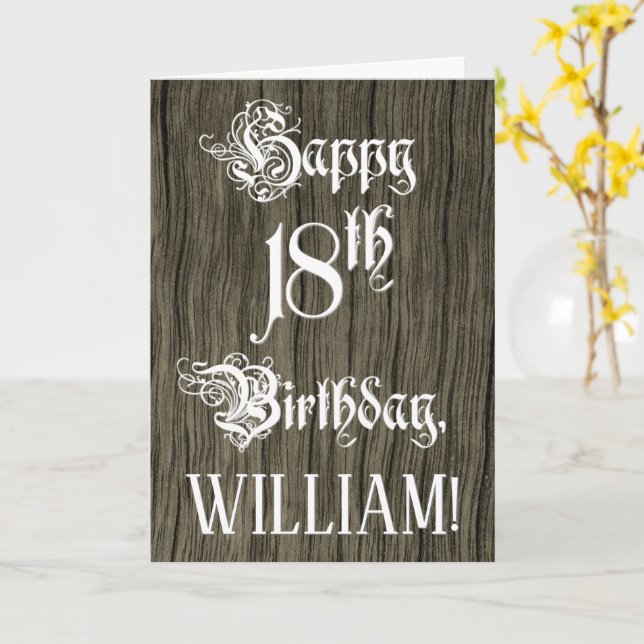 18th Birthday: Fancy, Elegant Text; Faux Wood Look Card (Yellow Flower)