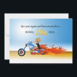 18th birthday Flaming motorcycle party invitation<br><div class="desc">Revving up and burning over! A  burning motorbike with flames waving behind,  a beautiful blonde riding fast with your party invitation! See the whole range of cards for ages and relationships in my store. All artwork copyright Norma Cornes</div>