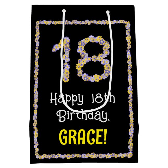 18th Birthday: Floral Flowers Number, Custom Name Medium Gift Bag (Back)