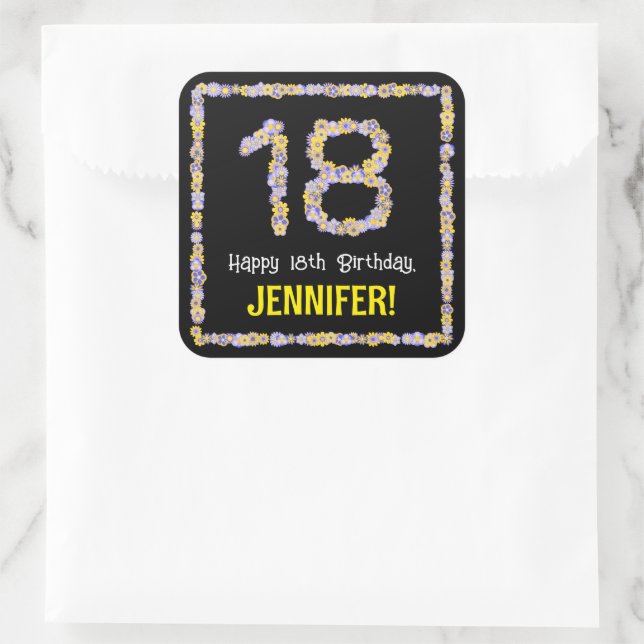 18th Birthday: Floral Flowers Number, Custom Name Square Sticker (Bag)